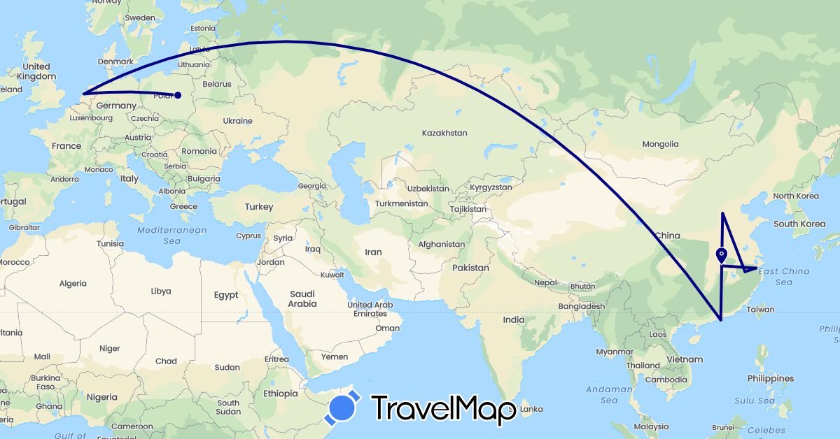 TravelMap itinerary: driving in China, Netherlands, Poland (Asia, Europe)